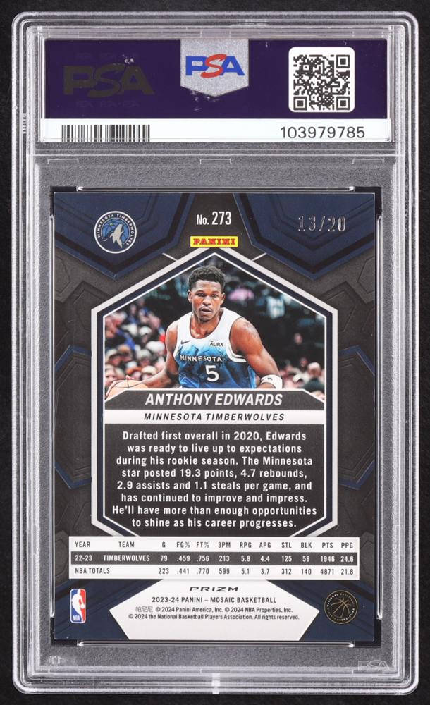 Anthony Edwards 2023-24 Panini Mosaic Mosaic Fast Break Pink #273 / City Edition #13/20 (PSA 10) at PristineAuction.com Anthony Edwards 2023-24 Panini Mosaic Mosaic Fast Break Pink #273 / City Edition #13/20 (PSA 10) at PristineAuction.com
