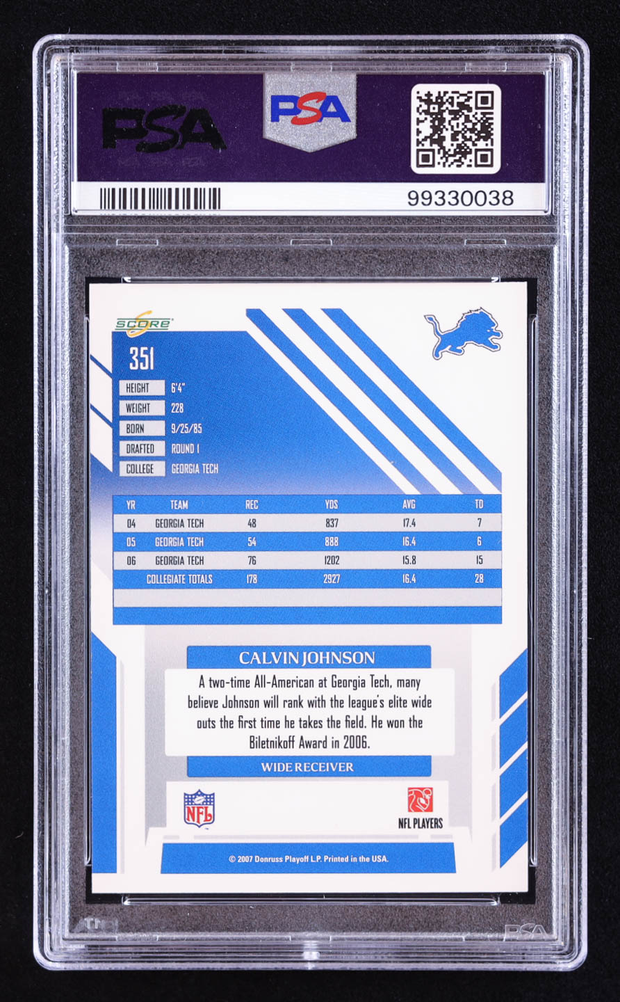 Calvin Johnson 2007 Score #351 RC (PSA 10) at PristineAuction.com Calvin Johnson 2007 Score #351 RC (PSA 10) at PristineAuction.com