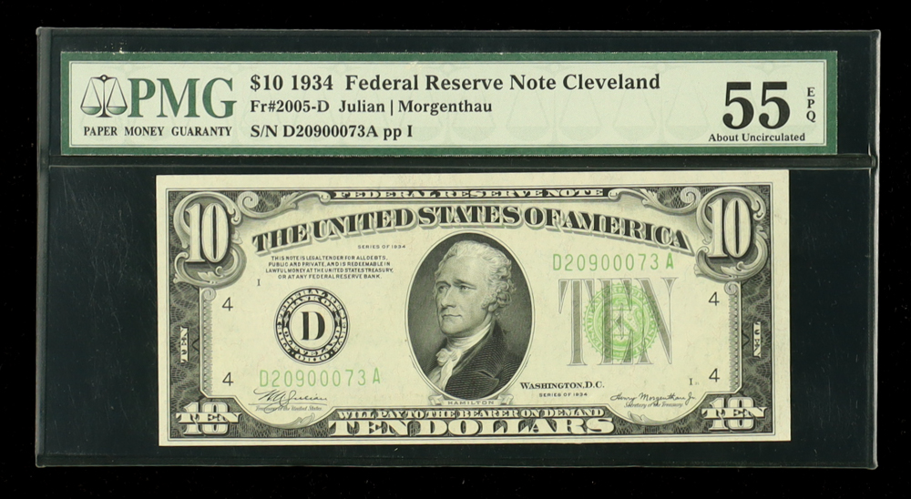 1934 U.S. $10 Federal Reserve Note, Cleveland - Fr.2005-D (DA Block) Signed: Julian / Morgenthau (PMG About Uncirculated 55 EPQ) at PristineAuction.com 1934 U.S. $10 Federal Reserve Note, Cleveland - Fr.2005-D (DA Block) Signed: Julian / Morgenthau (PMG About Uncirculated 55 EPQ) at PristineAuction.com