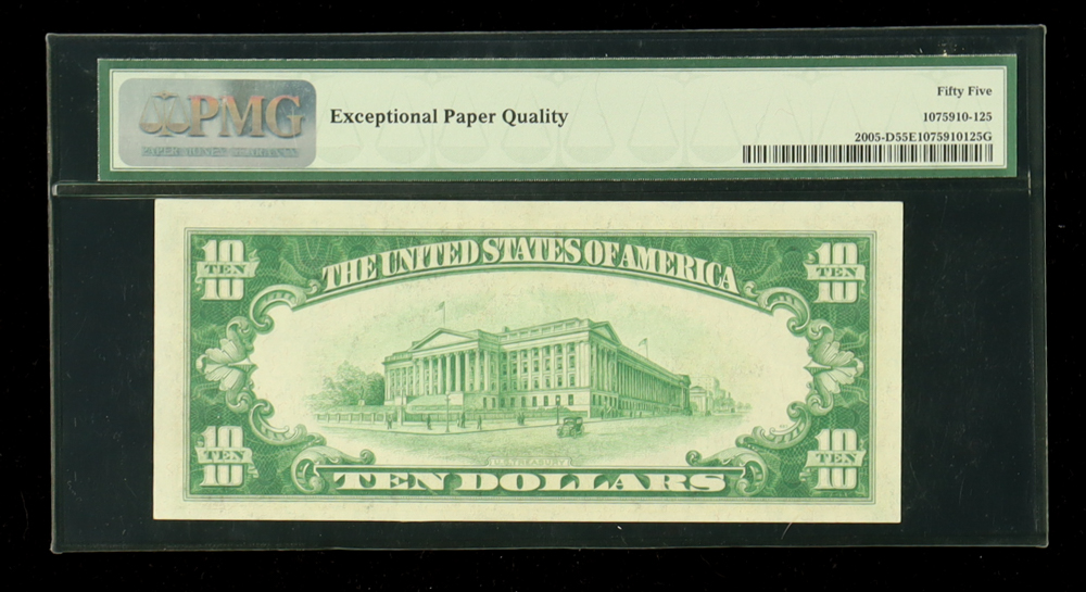 1934 U.S. $10 Federal Reserve Note, Cleveland - Fr.2005-D (DA Block) Signed: Julian / Morgenthau (PMG About Uncirculated 55 EPQ) at PristineAuction.com 1934 U.S. $10 Federal Reserve Note, Cleveland - Fr.2005-D (DA Block) Signed: Julian / Morgenthau (PMG About Uncirculated 55 EPQ) at PristineAuction.com