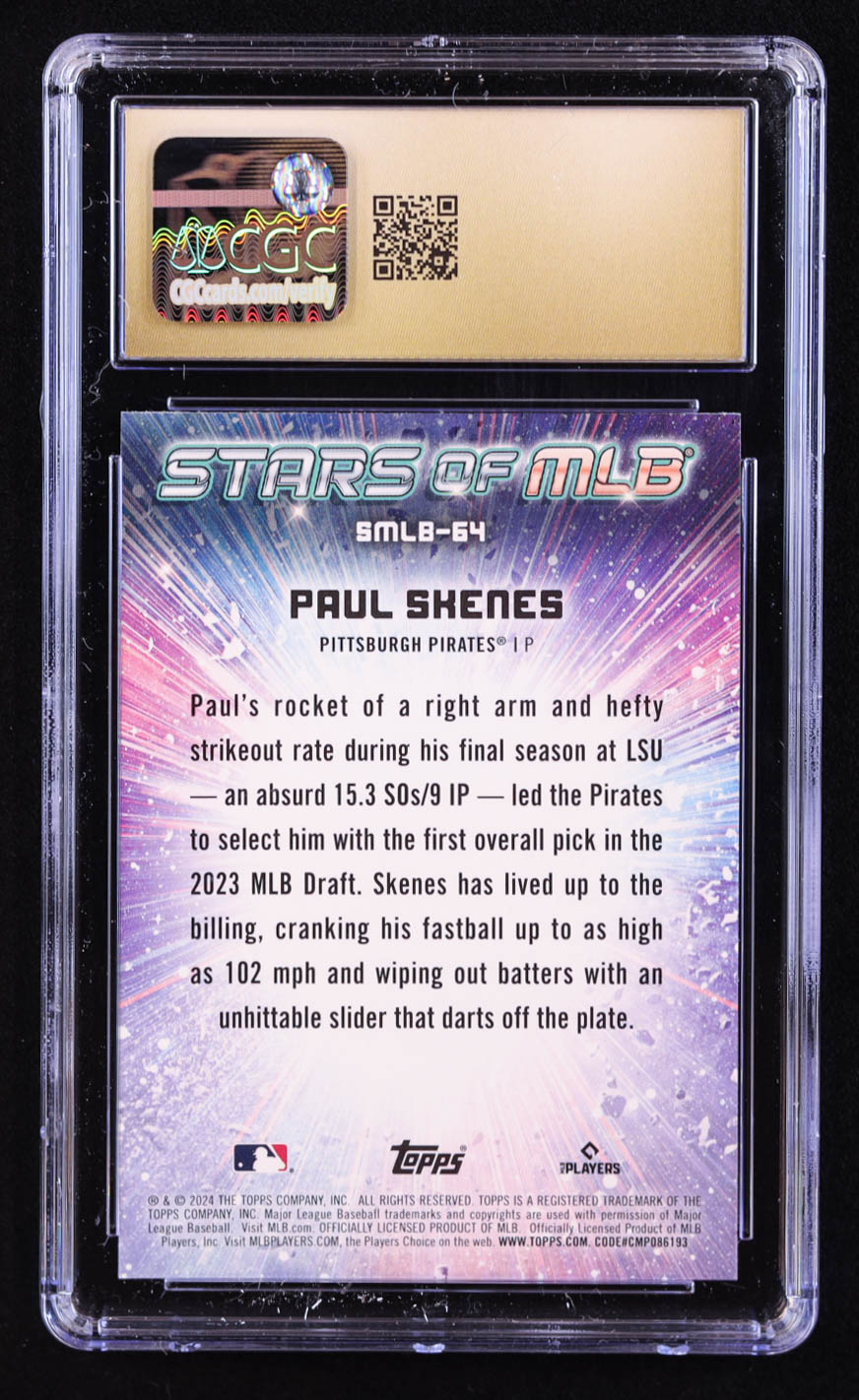 Paul Skenes 2024 Topps Stars of MLB #SMLB64 RC (CGC 10 | Pristine Black Label) at PristineAuction.com Paul Skenes 2024 Topps Stars of MLB #SMLB64 RC (CGC 10 | Pristine Black Label) at PristineAuction.com