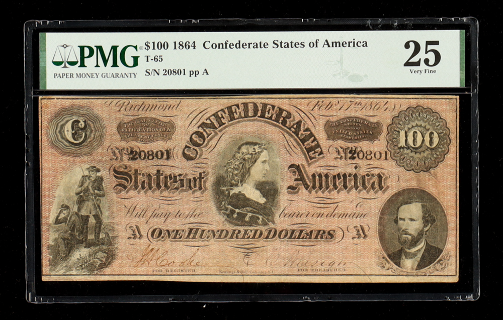 1864 Confederate $100 Currency Note T-65 (PMG Very Fine 25) at PristineAuction.com 1864 Confederate $100 Currency Note T-65 (PMG Very Fine 25) at PristineAuction.com
