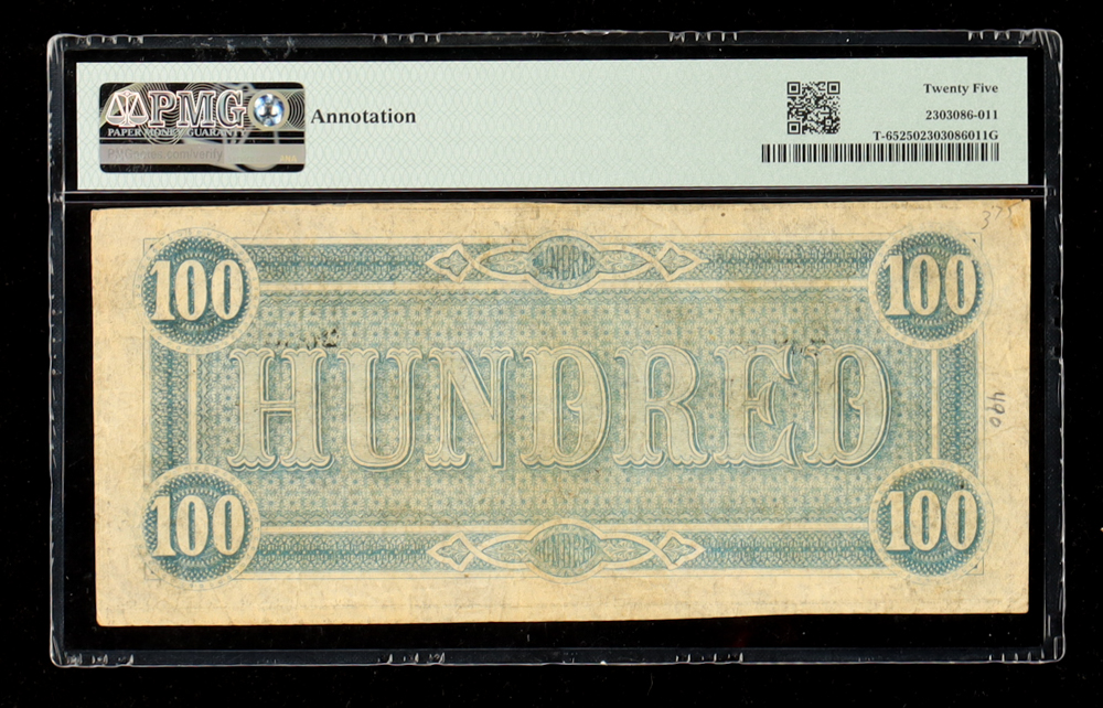 1864 Confederate $100 Currency Note T-65 (PMG Very Fine 25) at PristineAuction.com 1864 Confederate $100 Currency Note T-65 (PMG Very Fine 25) at PristineAuction.com