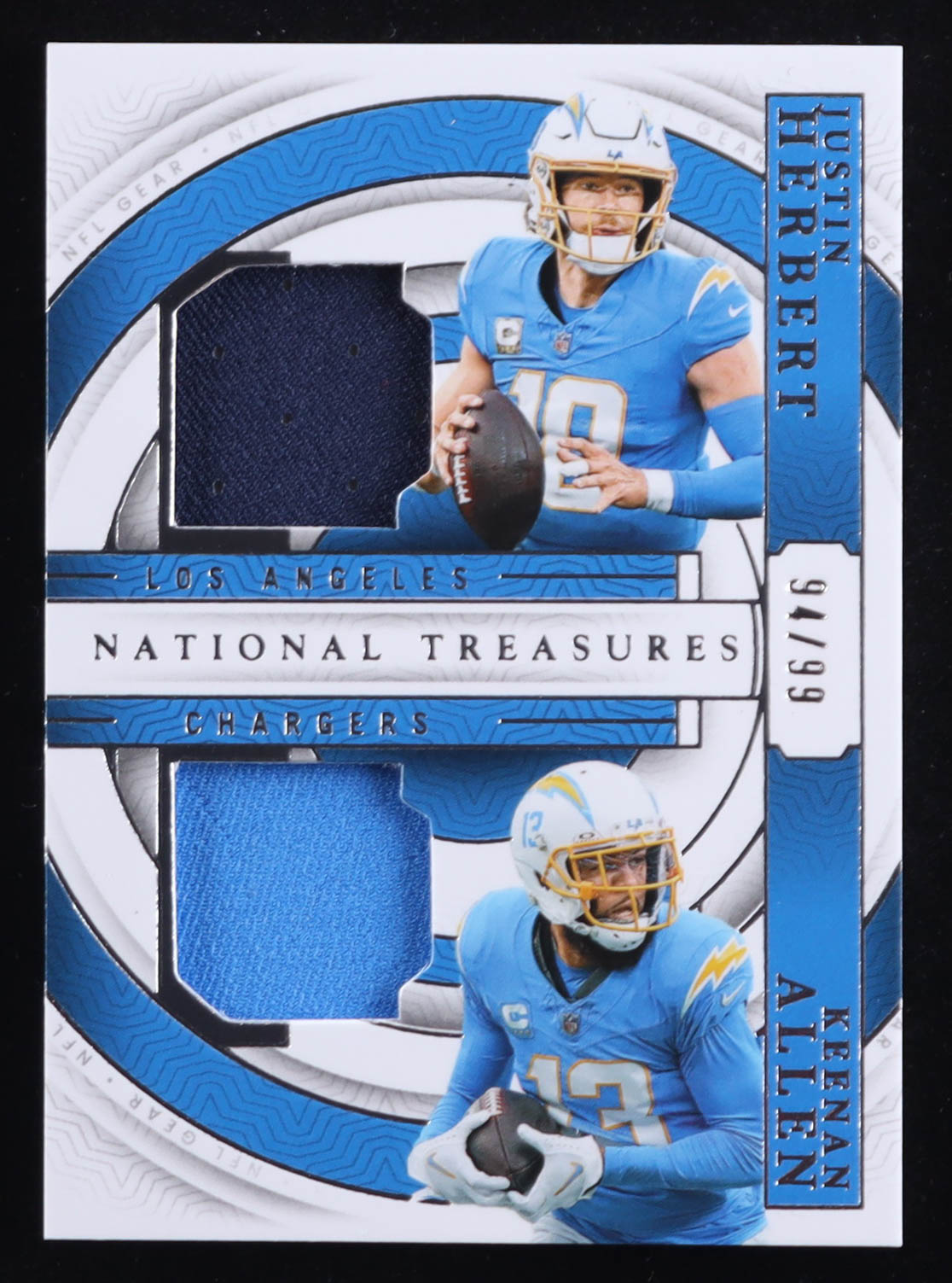 Justin Herbert / Keenan Allen 2020 Panini National Treasures NFL Gear Combo Materials #21 #94/99 at PristineAuction.com Justin Herbert / Keenan Allen 2020 Panini National Treasures NFL Gear Combo Materials #21 #94/99 at PristineAuction.com