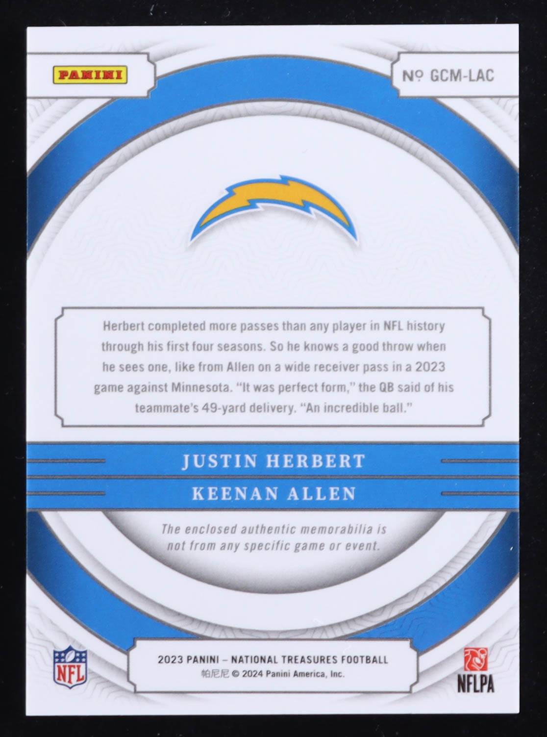 Justin Herbert / Keenan Allen 2020 Panini National Treasures NFL Gear Combo Materials #21 #94/99 at PristineAuction.com Justin Herbert / Keenan Allen 2020 Panini National Treasures NFL Gear Combo Materials #21 #94/99 at PristineAuction.com