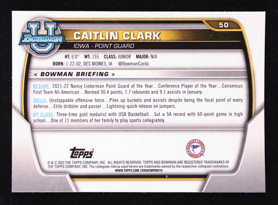 Caitlin Clark 2023-24 Bowman Chrome University #50 RC at PristineAuction.com Caitlin Clark 2023-24 Bowman Chrome University #50 RC at PristineAuction.com