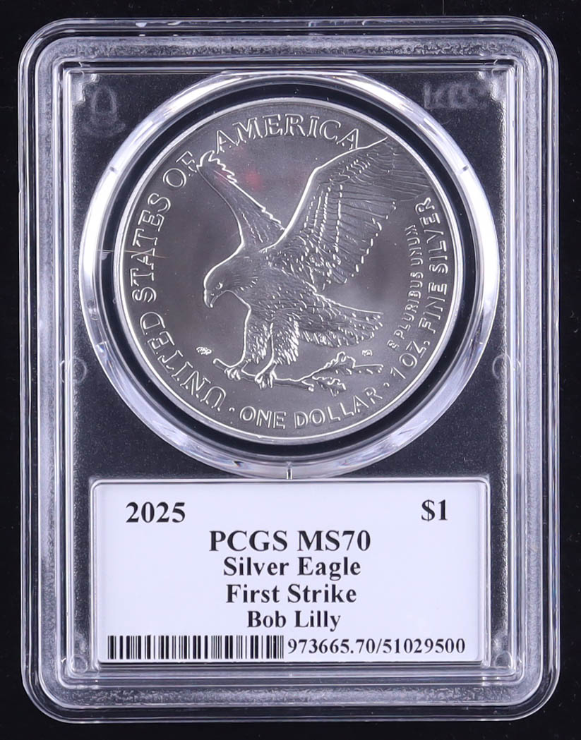 2025 American Silver Eagle, First Strike - Legends of Life Bob Lilly Autograph (PSA) (PCGS MS70) at PristineAuction.com 2025 American Silver Eagle, First Strike - Legends of Life Bob Lilly Autograph (PSA) (PCGS MS70) at PristineAuction.com