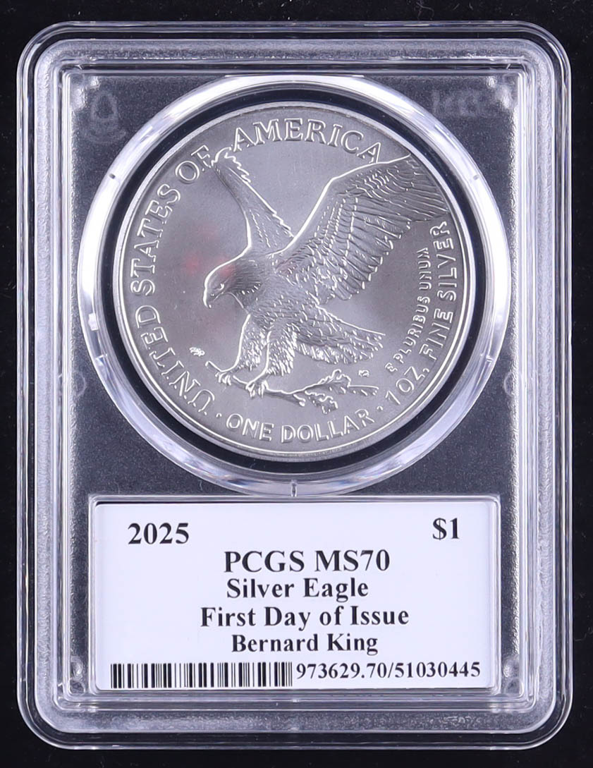 2025 American Silver Eagle, First Day of Issue - Legends of Life Bernard King Autograph (PSA) (PCGS MS70) at PristineAuction.com 2025 American Silver Eagle, First Day of Issue - Legends of Life Bernard King Autograph (PSA) (PCGS MS70) at PristineAuction.com