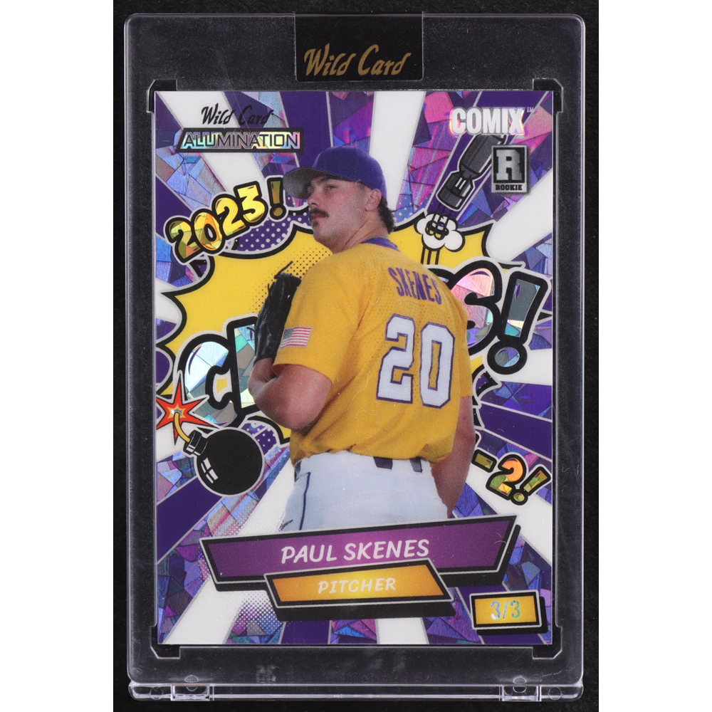 Paul Skenes 2024 Wild Card Alumination Comix Champs White and Purple Crystal #PS5 RC #3/3 at PristineAuction.com