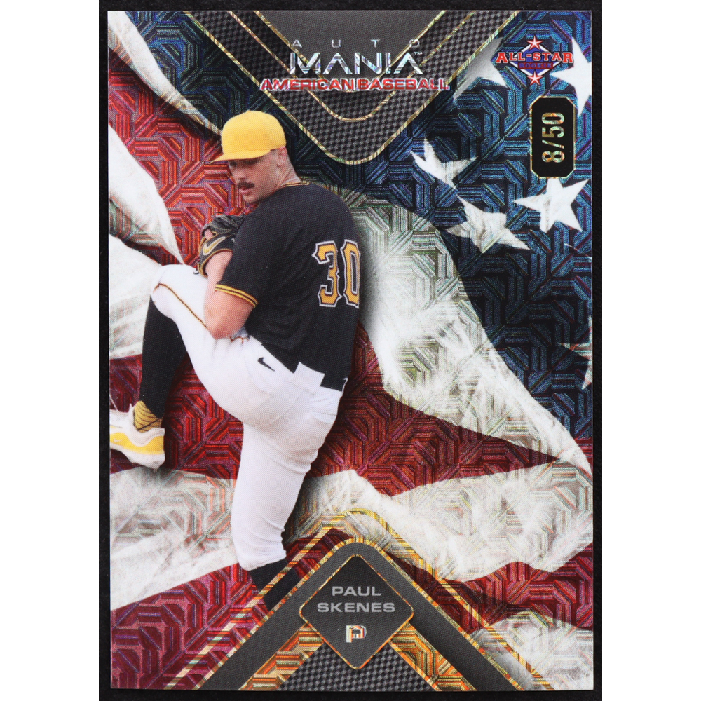Paul Skenes 2024 Wild Card Auto Mania Triangle Waving Flag Mojo #PS RC #8/50 at PristineAuction.com Paul Skenes 2024 Wild Card Auto Mania Triangle Waving Flag Mojo #PS RC #8/50 at PristineAuction.com