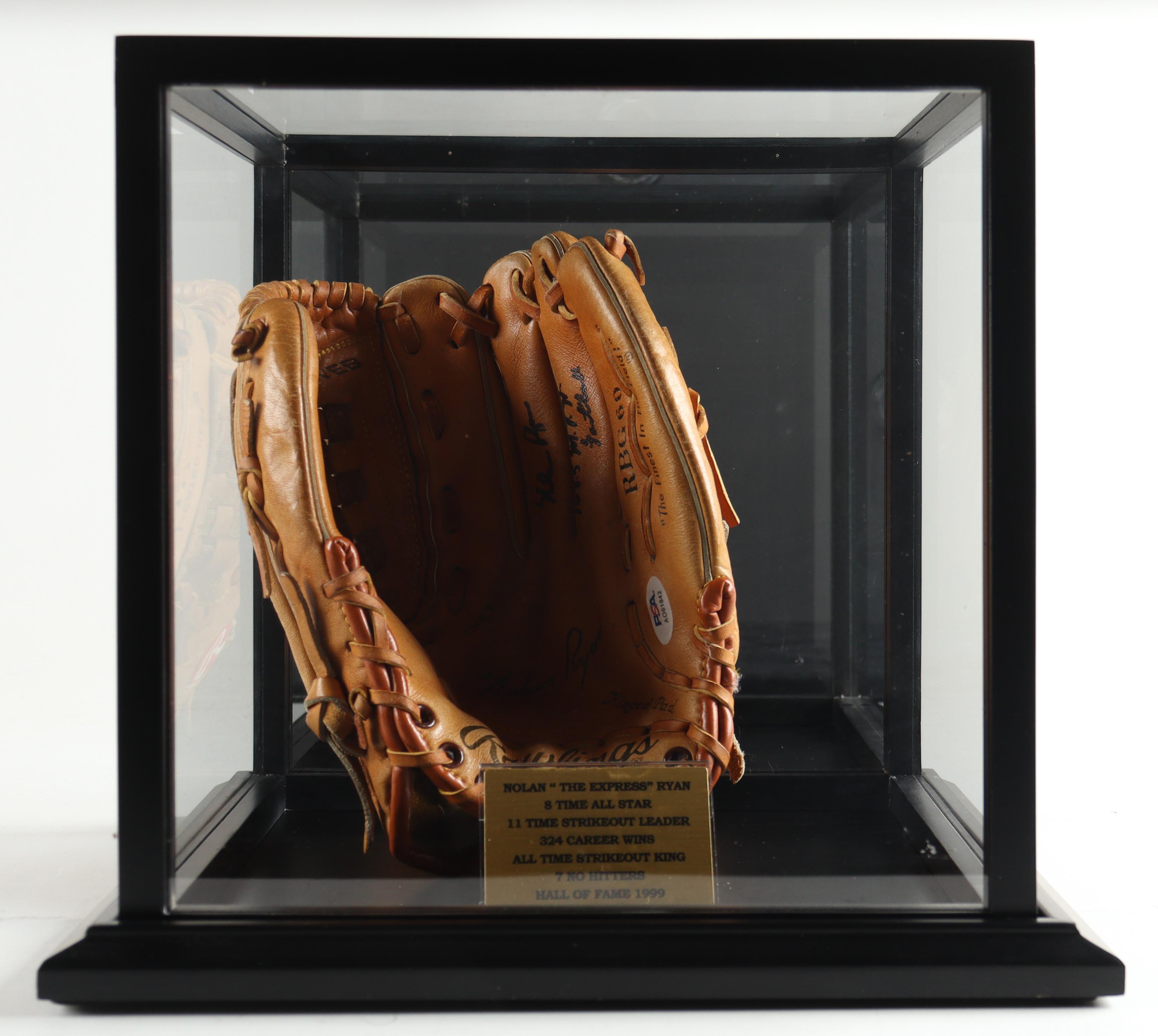 Nolan Ryan Signed Rawlings Glove With Nameplate Display Case Inscribed "108.5 M.P.H. Fastball" (PSA) at PristineAuction.com Nolan Ryan Signed Rawlings Glove With Nameplate Display Case Inscribed "108.5 M.P.H. Fastball" (PSA) at PristineAuction.com