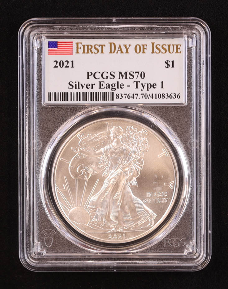 2021 American Silver Eagle, Type 1 - First Day of Issue (PCGS MS70) at PristineAuction.com 2021 American Silver Eagle, Type 1 - First Day of Issue (PCGS MS70) at PristineAuction.com