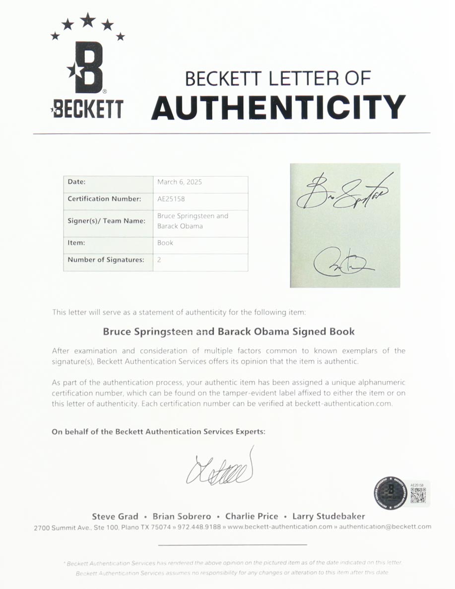 Bruce Springsteen & Barack Obama Dual Signed "Renegades: Born in the USA" Hardcover Book (Beckett LOA) at PristineAuction.com Bruce Springsteen & Barack Obama Dual Signed "Renegades: Born in the USA" Hardcover Book (Beckett LOA) at PristineAuction.com