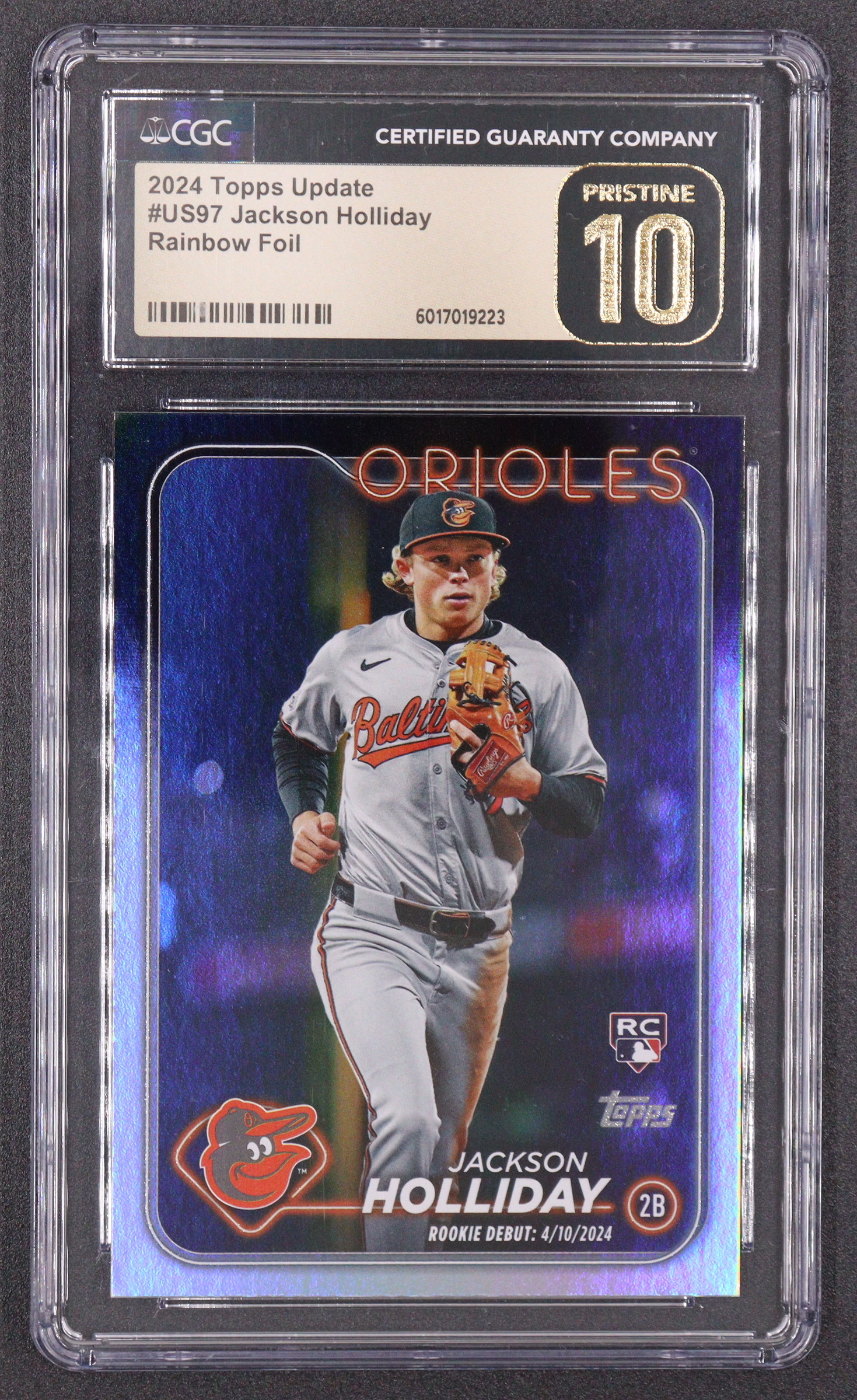 Jackson Holliday 2024 Topps Update Rainbow Holo Foil #US97 RC (CGC 10 | Pristine Black Label) at PristineAuction.com Jackson Holliday 2024 Topps Update Rainbow Holo Foil #US97 RC (CGC 10 | Pristine Black Label) at PristineAuction.com