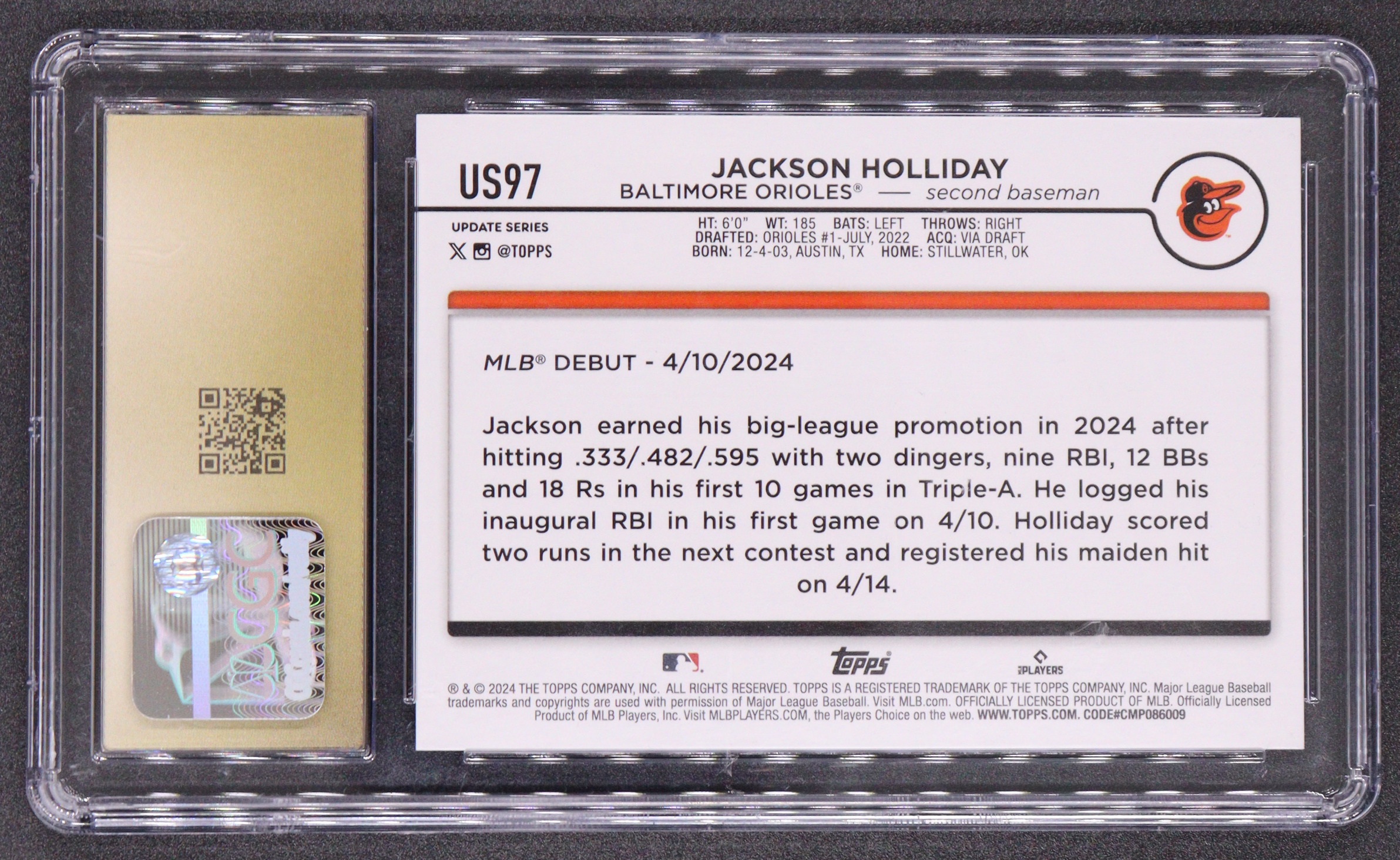 Jackson Holliday 2024 Topps Update Rainbow Holo Foil #US97 RC (CGC 10 | Pristine Black Label) at PristineAuction.com Jackson Holliday 2024 Topps Update Rainbow Holo Foil #US97 RC (CGC 10 | Pristine Black Label) at PristineAuction.com
