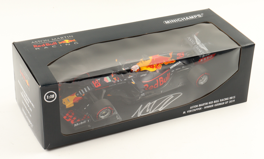 Max Verstappen Signed 2019 Aston Martin Red Bull Racing RB15 / Winner German GP 2019 1:18 Diecast Car (Beckett) at PristineAuction.com Max Verstappen Signed 2019 Aston Martin Red Bull Racing RB15 / Winner German GP 2019 1:18 Diecast Car (Beckett) at PristineAuction.com