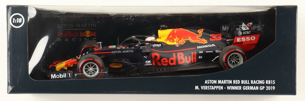 Max Verstappen Signed 2019 Aston Martin Red Bull Racing RB15 / Winner German GP 2019 1:18 Diecast Car (Beckett) at PristineAuction.com Max Verstappen Signed 2019 Aston Martin Red Bull Racing RB15 / Winner German GP 2019 1:18 Diecast Car (Beckett) at PristineAuction.com