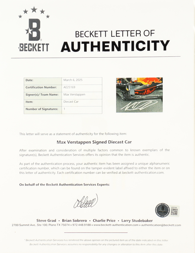 Max Verstappen Signed 2019 Aston Martin Red Bull Racing RB15 / Winner German GP 2019 1:18 Diecast Car (Beckett) at PristineAuction.com Max Verstappen Signed 2019 Aston Martin Red Bull Racing RB15 / Winner German GP 2019 1:18 Diecast Car (Beckett) at PristineAuction.com