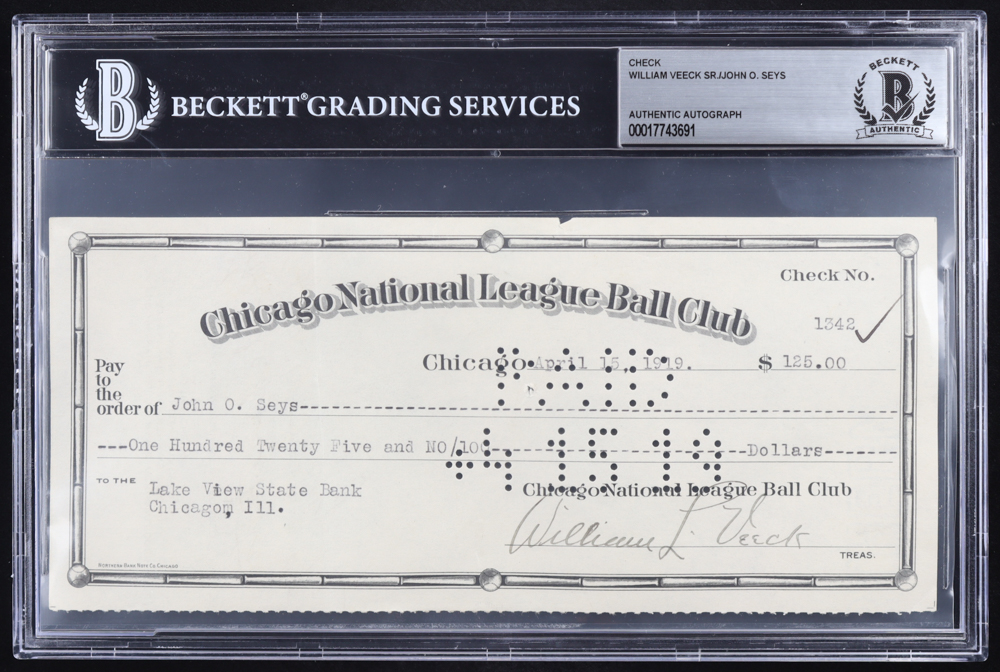 Chicago Cubs Original Check from 1919 Signed by William Veeck Sr. & John O. Seys (Beckett Encapsulated) at PristineAuction.com Chicago Cubs Original Check from 1919 Signed by William Veeck Sr. & John O. Seys (Beckett Encapsulated) at PristineAuction.com