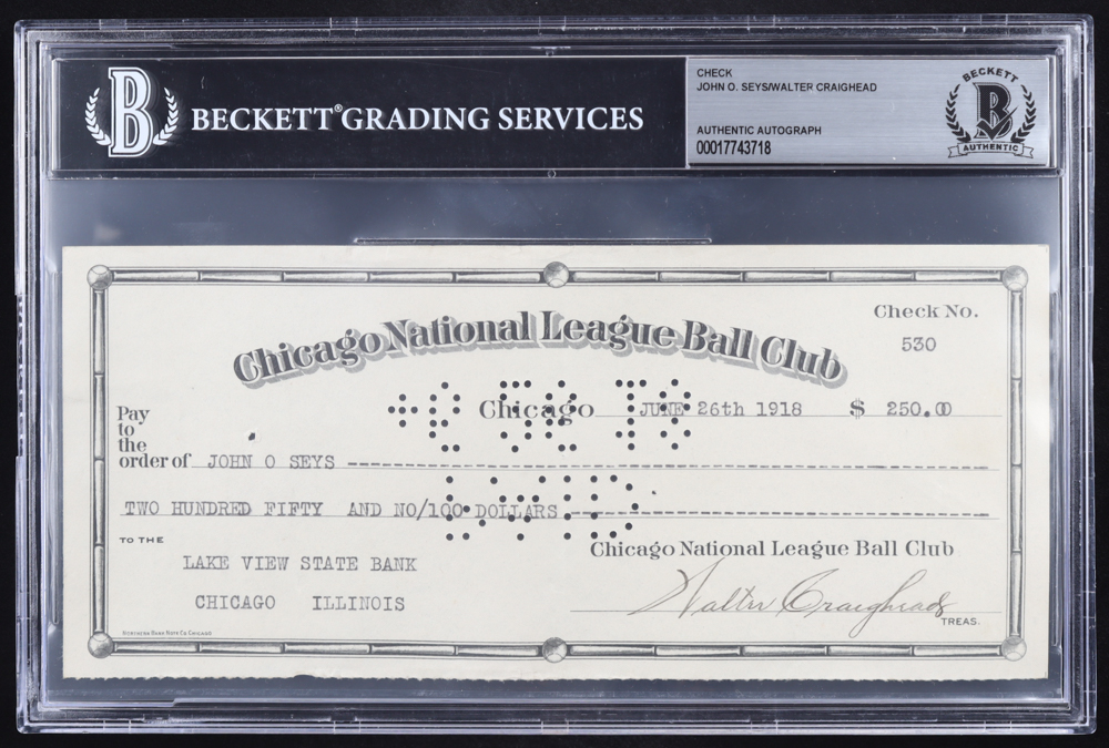 Chicago Cubs Original Check from 1918 Signed by Walter Craighead & John O. Seys (Beckett Encapsulated) at PristineAuction.com Chicago Cubs Original Check from 1918 Signed by Walter Craighead & John O. Seys (Beckett Encapsulated) at PristineAuction.com