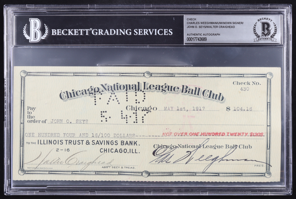 Chicago Cubs Original Check from 1917 Signed by (4) Walter Craighead, John O. Seys & Charles Weeghman (Beckett Encapsulated) at PristineAuction.com Chicago Cubs Original Check from 1917 Signed by (4) Walter Craighead, John O. Seys & Charles Weeghman (Beckett Encapsulated) at PristineAuction.com