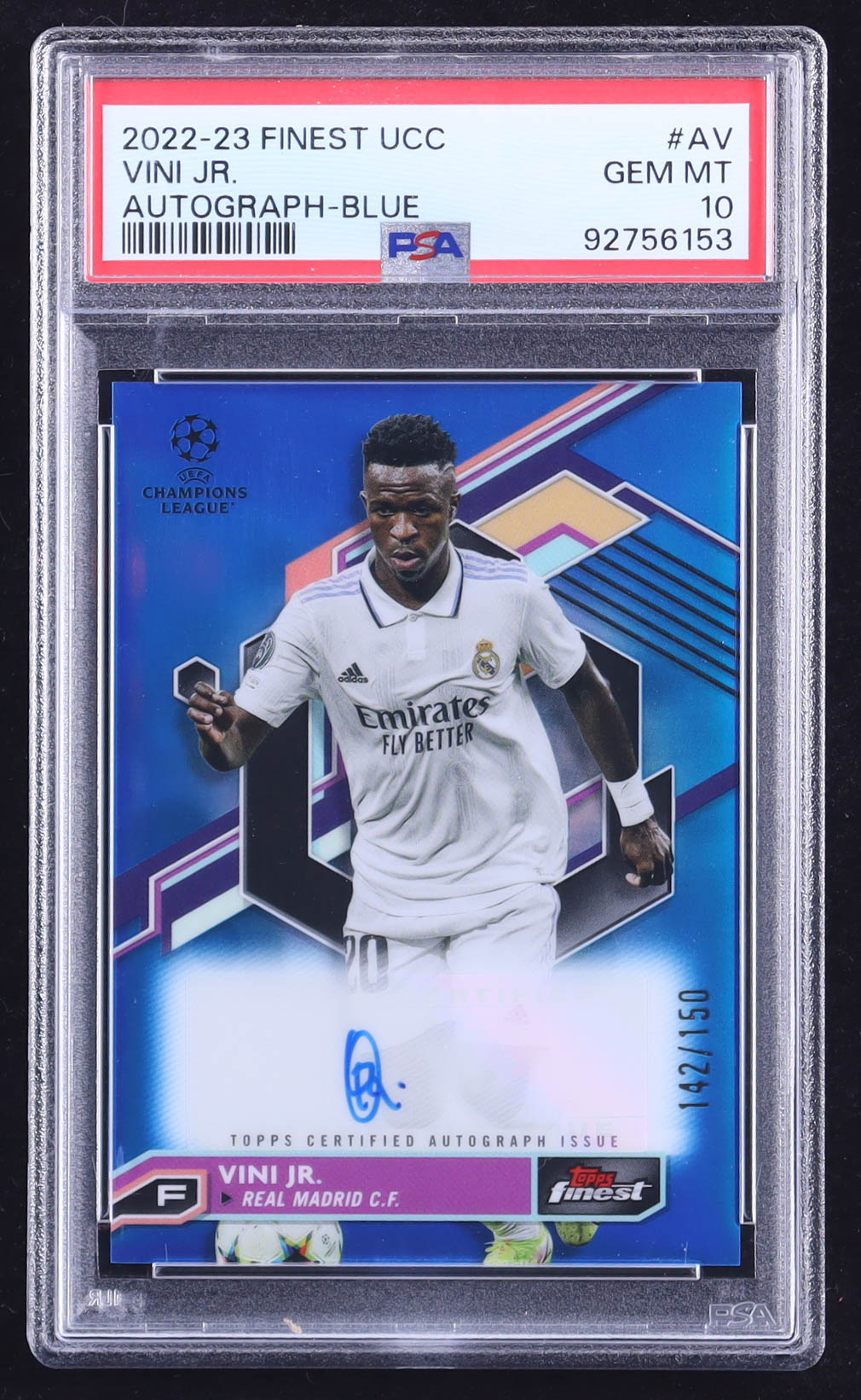 Vini Jr. 2022-23 Finest UEFA Club Competitions Autographs Blue Refractors #AV #142/150 (PSA 10) at PristineAuction.com Vini Jr. 2022-23 Finest UEFA Club Competitions Autographs Blue Refractors #AV #142/150 (PSA 10) at PristineAuction.com