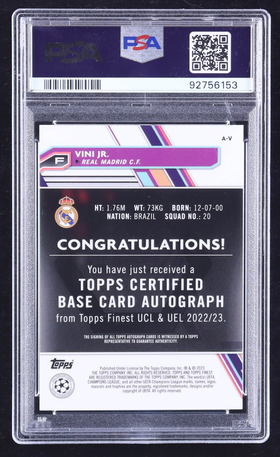 Vini Jr. 2022-23 Finest UEFA Club Competitions Autographs Blue Refractors #AV #142/150 (PSA 10) at PristineAuction.com Vini Jr. 2022-23 Finest UEFA Club Competitions Autographs Blue Refractors #AV #142/150 (PSA 10) at PristineAuction.com