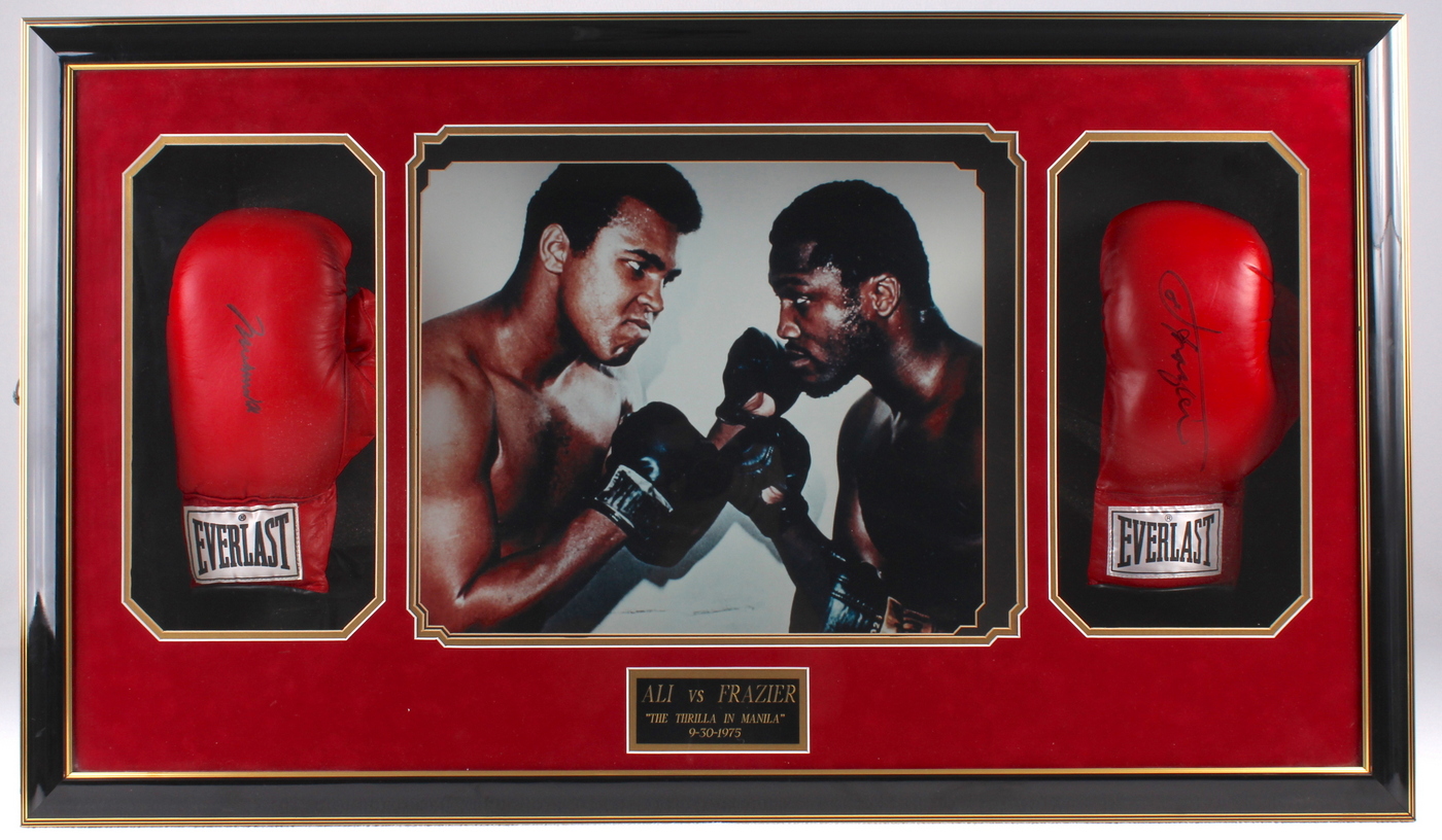 Muhammad Ali & Joe Frazier Signed 25x43x6 Custom Framed Boxing Glove Shadow Box Display (JSA ALOA & COA) at PristineAuction.com Muhammad Ali & Joe Frazier Signed 25x43x6 Custom Framed Boxing Glove Shadow Box Display (JSA ALOA & COA) at PristineAuction.com