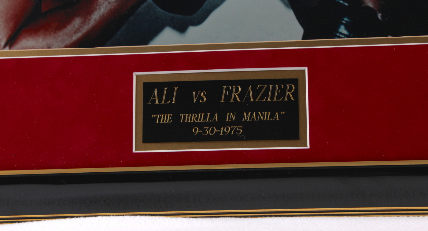 Muhammad Ali & Joe Frazier Signed 25x43x6 Custom Framed Boxing Glove Shadow Box Display (JSA ALOA & COA) at PristineAuction.com Muhammad Ali & Joe Frazier Signed 25x43x6 Custom Framed Boxing Glove Shadow Box Display (JSA ALOA & COA) at PristineAuction.com