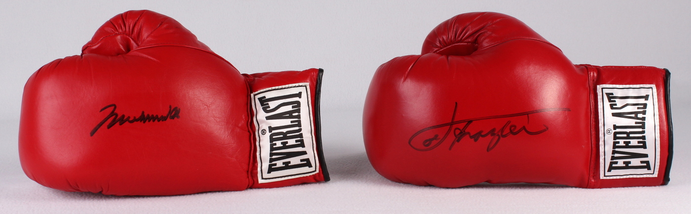 Muhammad Ali & Joe Frazier Signed 25x43x6 Custom Framed Boxing Glove Shadow Box Display (JSA ALOA & COA) at PristineAuction.com Muhammad Ali & Joe Frazier Signed 25x43x6 Custom Framed Boxing Glove Shadow Box Display (JSA ALOA & COA) at PristineAuction.com