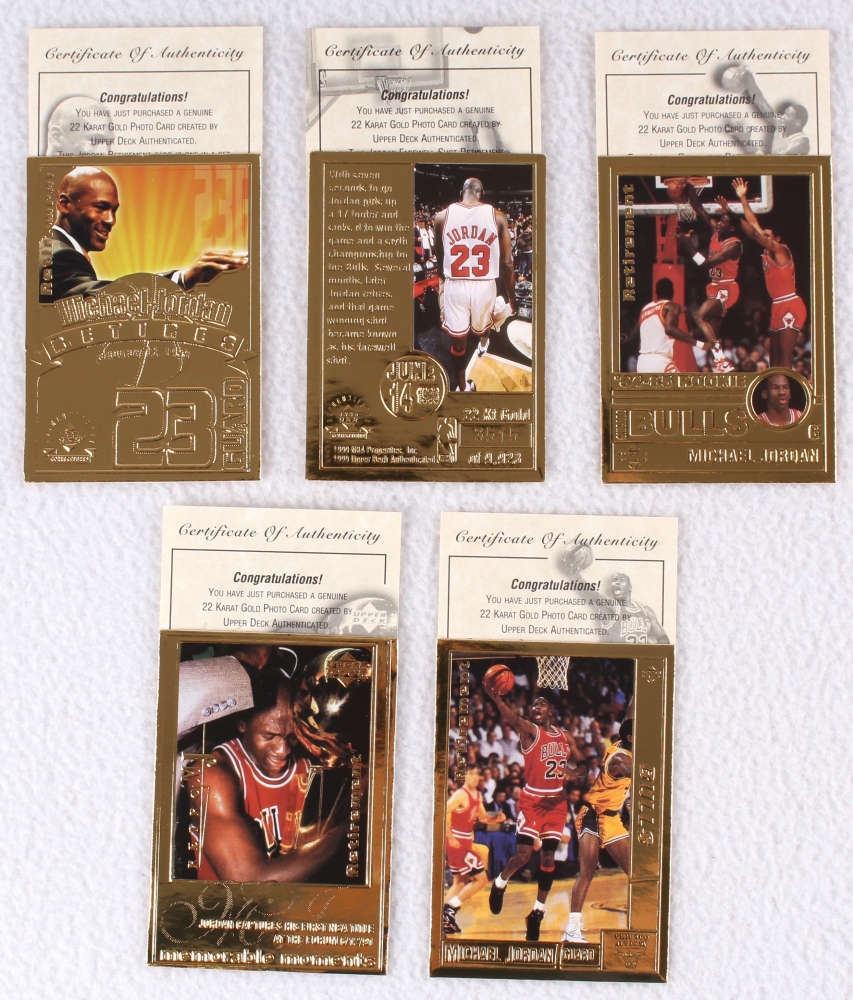 Lot of (6) Michael Jordan Items with (5) Commemorative 22 Karat Gold  "Retirement" Basketball Cards & Factory Sealed 1996 Upper Deck Metal Card  Complete Tin Box Set | Pristine Auction