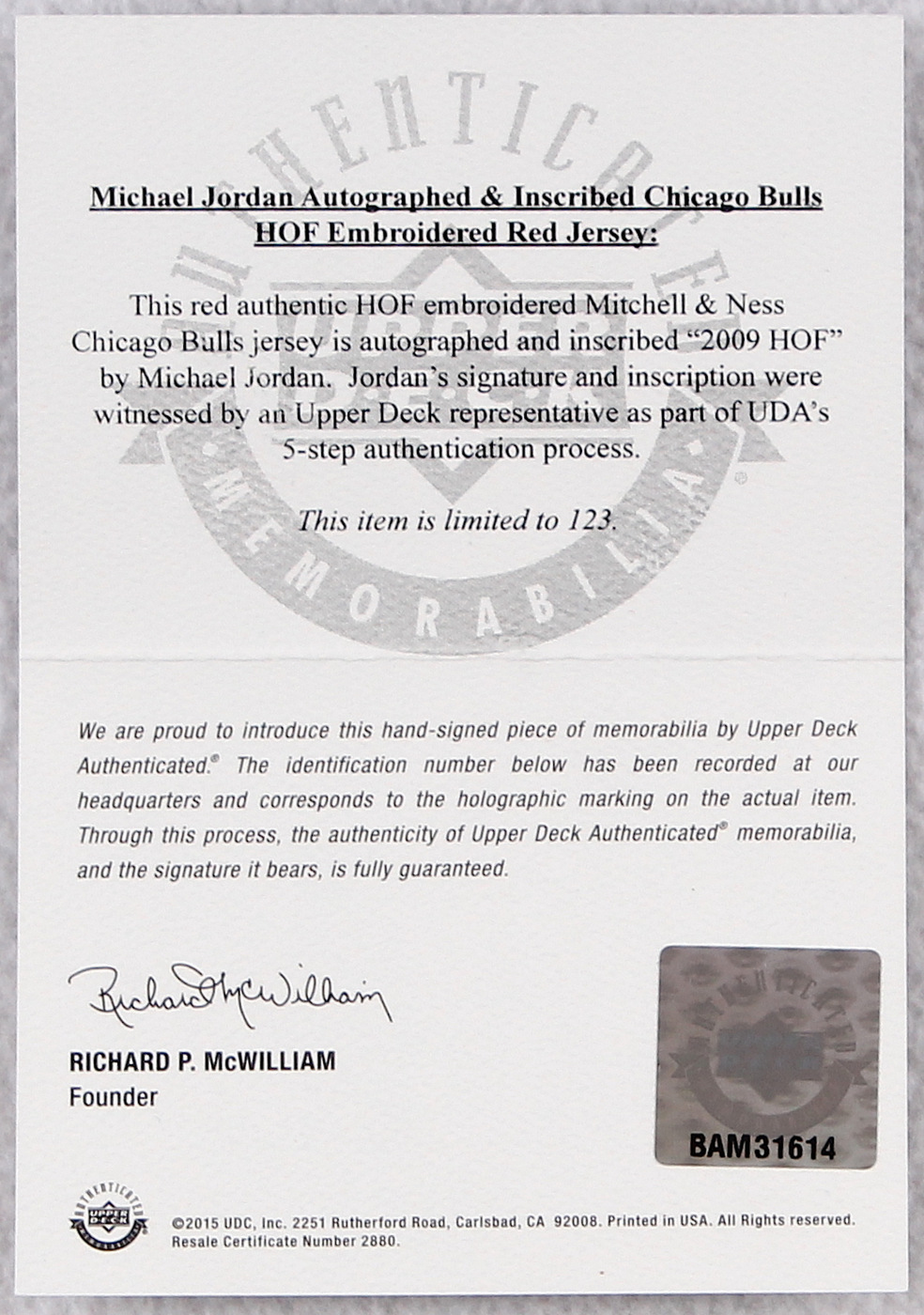 Michael Jordan Signed Bulls Hall of Fame LE Authentic Jersey Inscribed "2009 HOF" (UDA COA) at PristineAuction.com Michael Jordan Signed Bulls Hall of Fame LE Authentic Jersey Inscribed "2009 HOF" (UDA COA) at PristineAuction.com