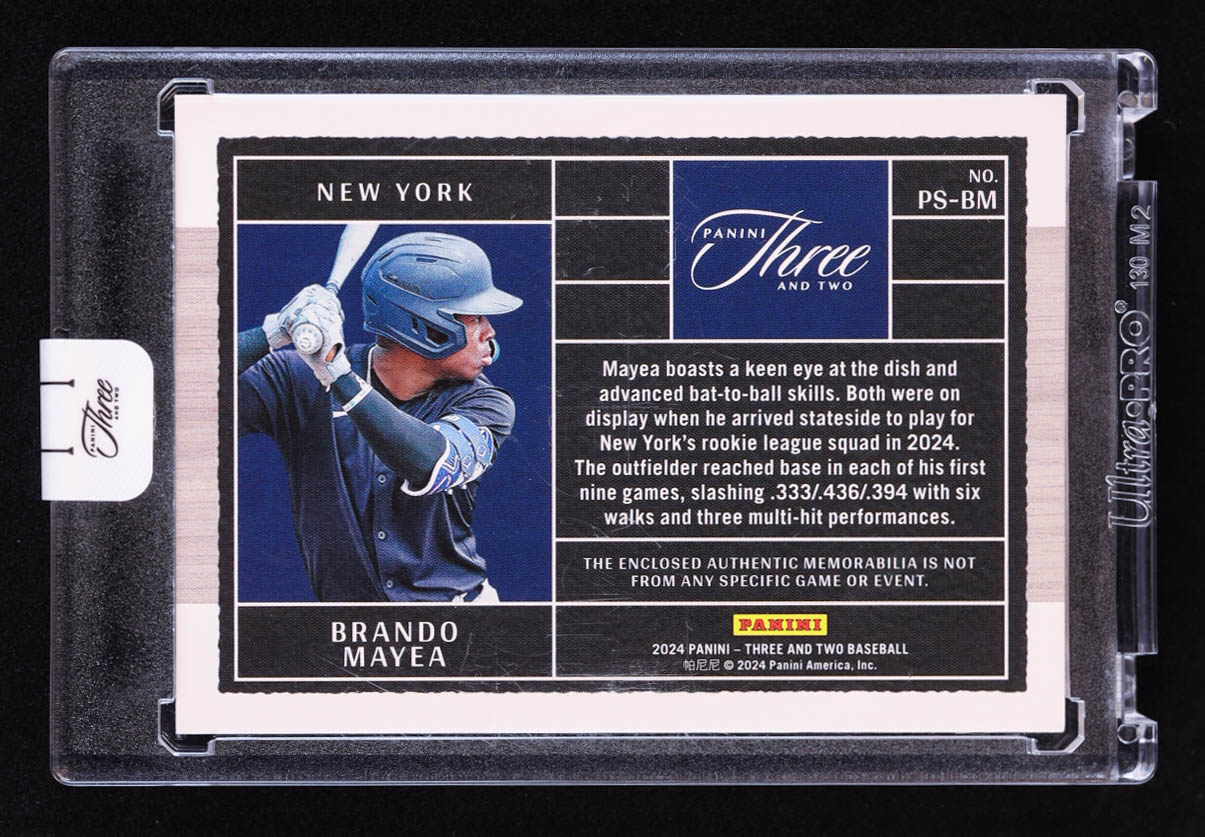 Brando Mayea 2024 Panini Three and Two Prospect Swatches Full Count #31 RC #16/32 at PristineAuction.com Brando Mayea 2024 Panini Three and Two Prospect Swatches Full Count #31 RC #16/32 at PristineAuction.com