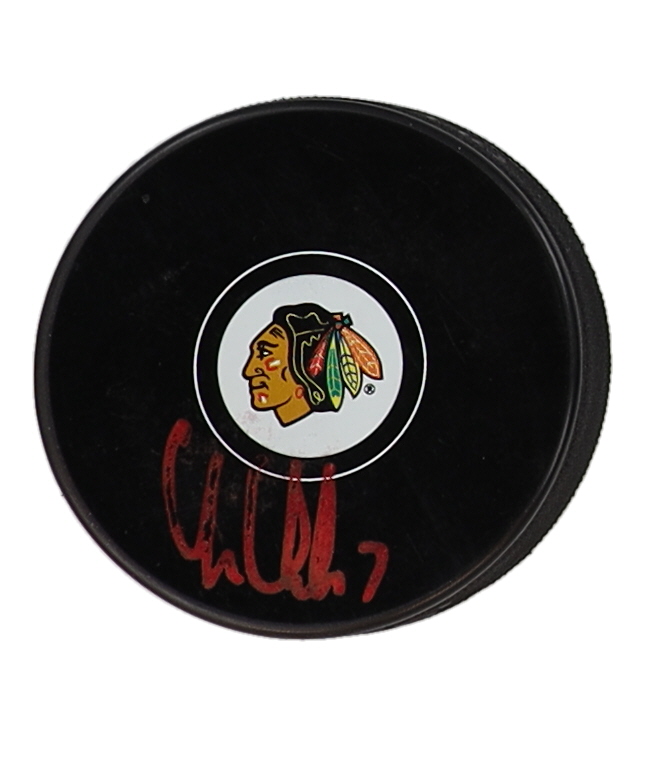 Chris Chelios Signed Blackhawks Logo Hockey Puck (JSA) at PristineAuction.com Chris Chelios Signed Blackhawks Logo Hockey Puck (JSA) at PristineAuction.com