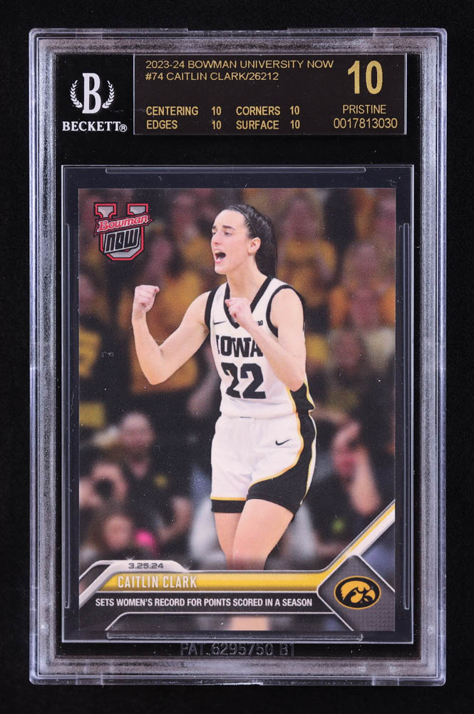 Caitlin Clark 2023-24 Bowman University Now #74 RC (BGS 10 | Pristine Black Label) at PristineAuction.com Caitlin Clark 2023-24 Bowman University Now #74 RC (BGS 10 | Pristine Black Label) at PristineAuction.com