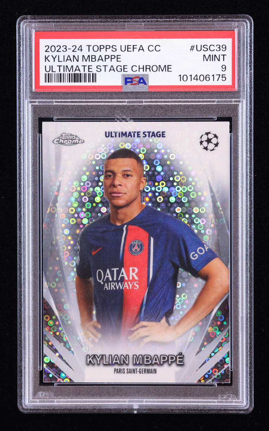 Kylian Mbappe 2023-24 Topps UEFA Club Competitions Ultimate Stage Chrome #USC39 (PSA 9) at PristineAuction.com Kylian Mbappe 2023-24 Topps UEFA Club Competitions Ultimate Stage Chrome #USC39 (PSA 9) at PristineAuction.com