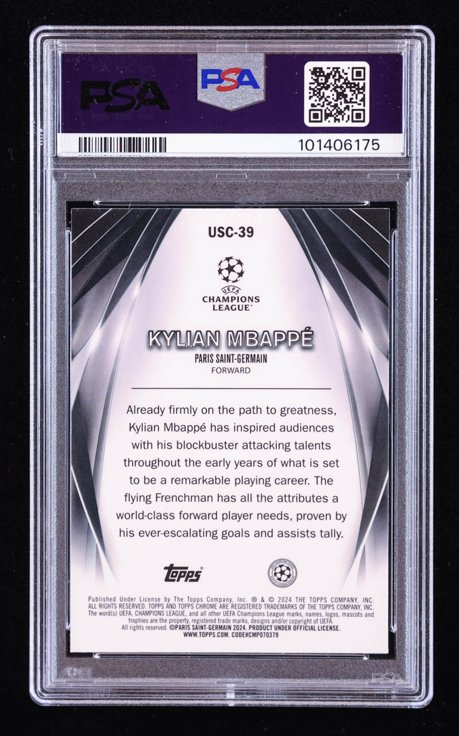 Kylian Mbappe 2023-24 Topps UEFA Club Competitions Ultimate Stage Chrome #USC39 (PSA 9) at PristineAuction.com Kylian Mbappe 2023-24 Topps UEFA Club Competitions Ultimate Stage Chrome #USC39 (PSA 9) at PristineAuction.com