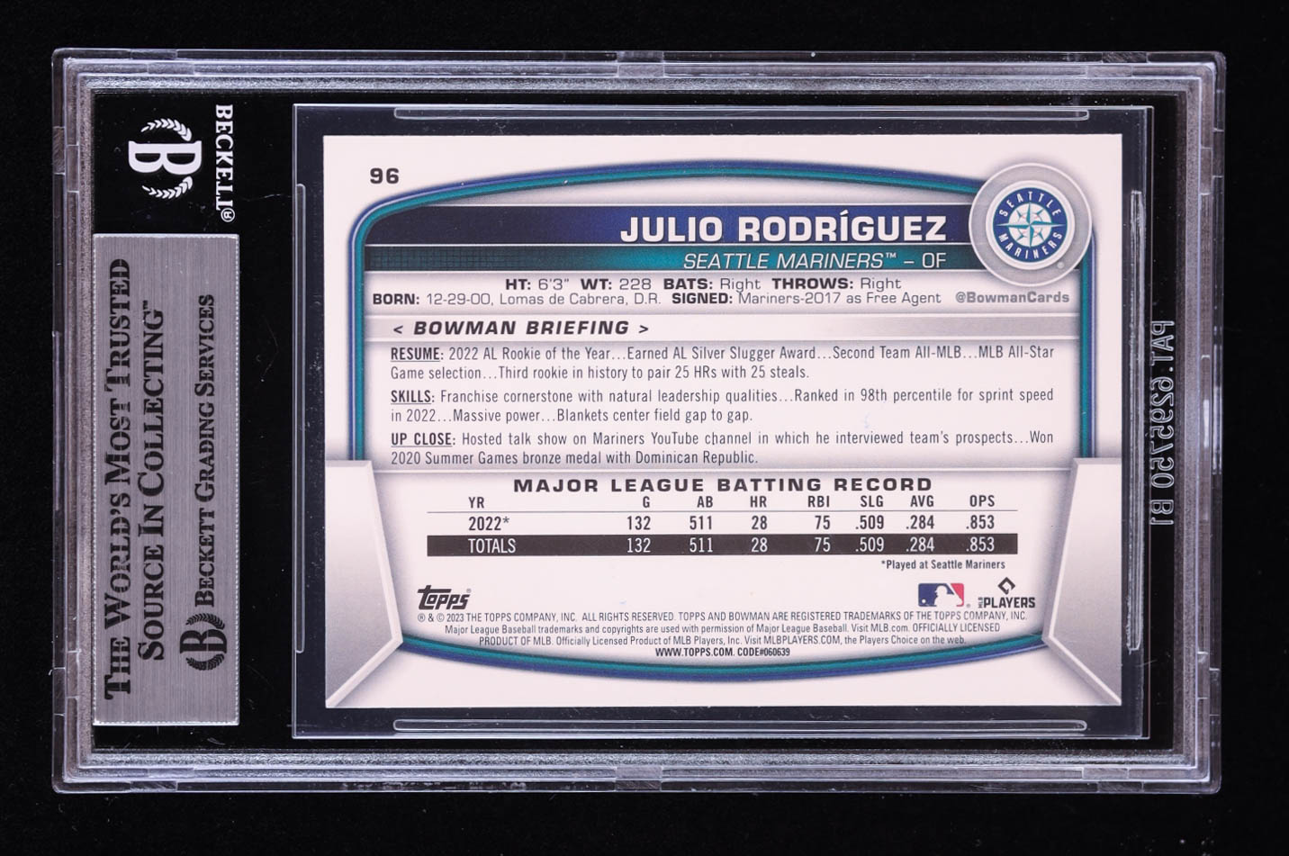 Julio Rodriguez Signed 2023 Bowman #96 (BGS) at PristineAuction.com Julio Rodriguez Signed 2023 Bowman #96 (BGS) at PristineAuction.com