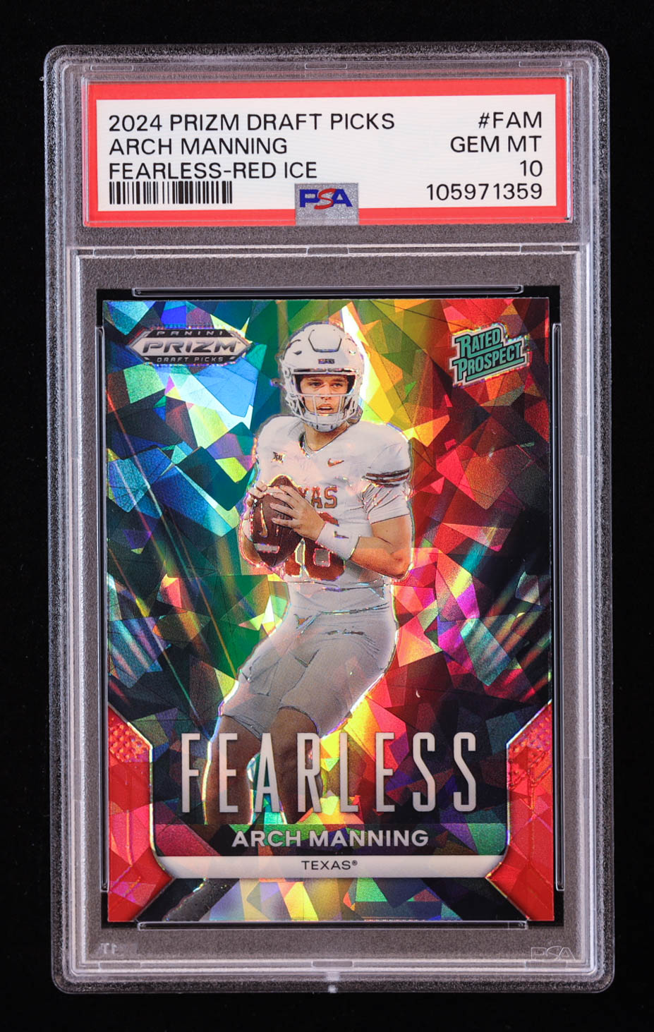 Arch Manning 2024 Panini Prizm Draft Picks Fearless Red Ice #23 RC (PSA 10) at PristineAuction.com Arch Manning 2024 Panini Prizm Draft Picks Fearless Red Ice #23 RC (PSA 10) at PristineAuction.com