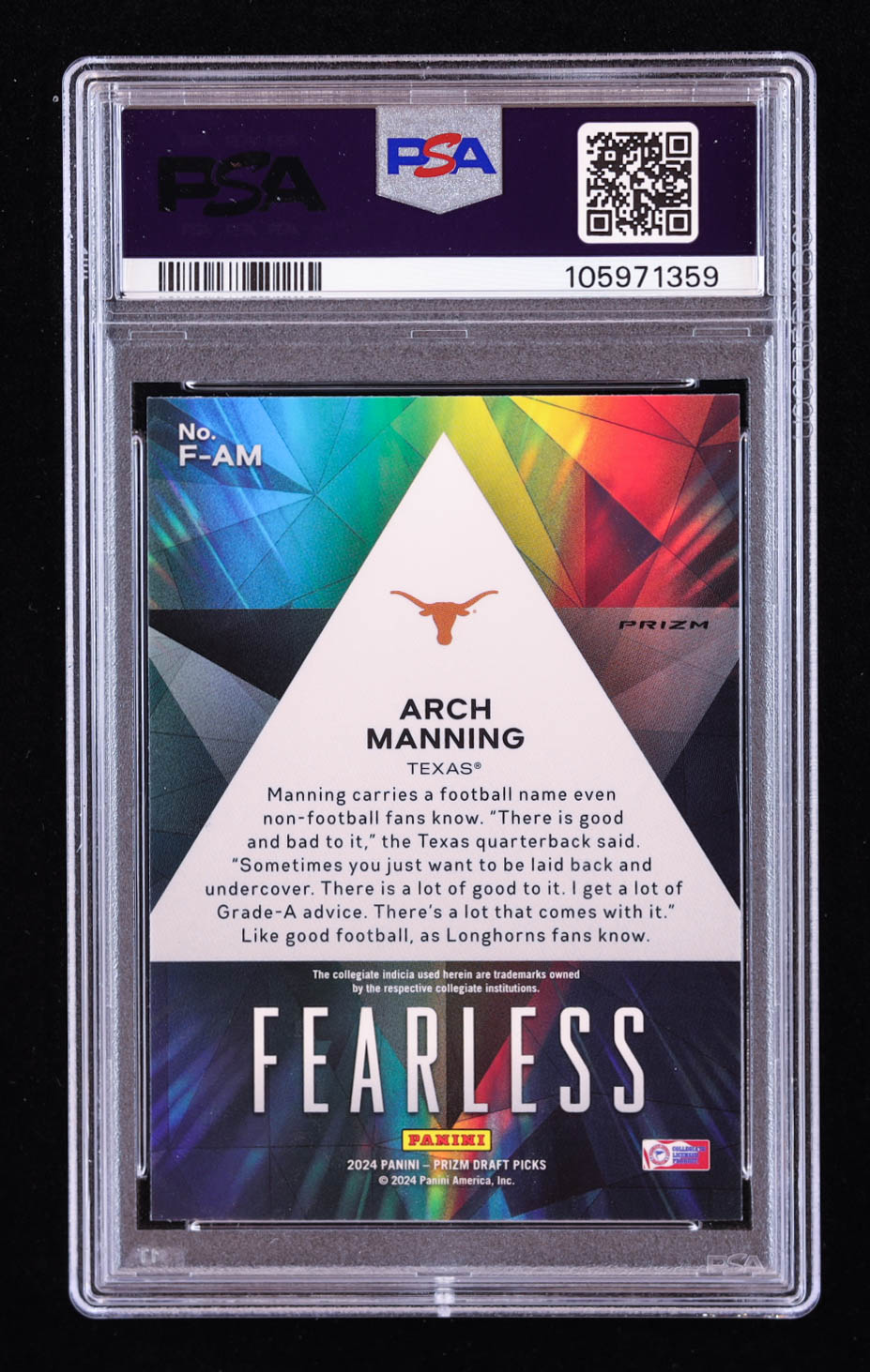Arch Manning 2024 Panini Prizm Draft Picks Fearless Red Ice #23 RC (PSA 10) at PristineAuction.com Arch Manning 2024 Panini Prizm Draft Picks Fearless Red Ice #23 RC (PSA 10) at PristineAuction.com