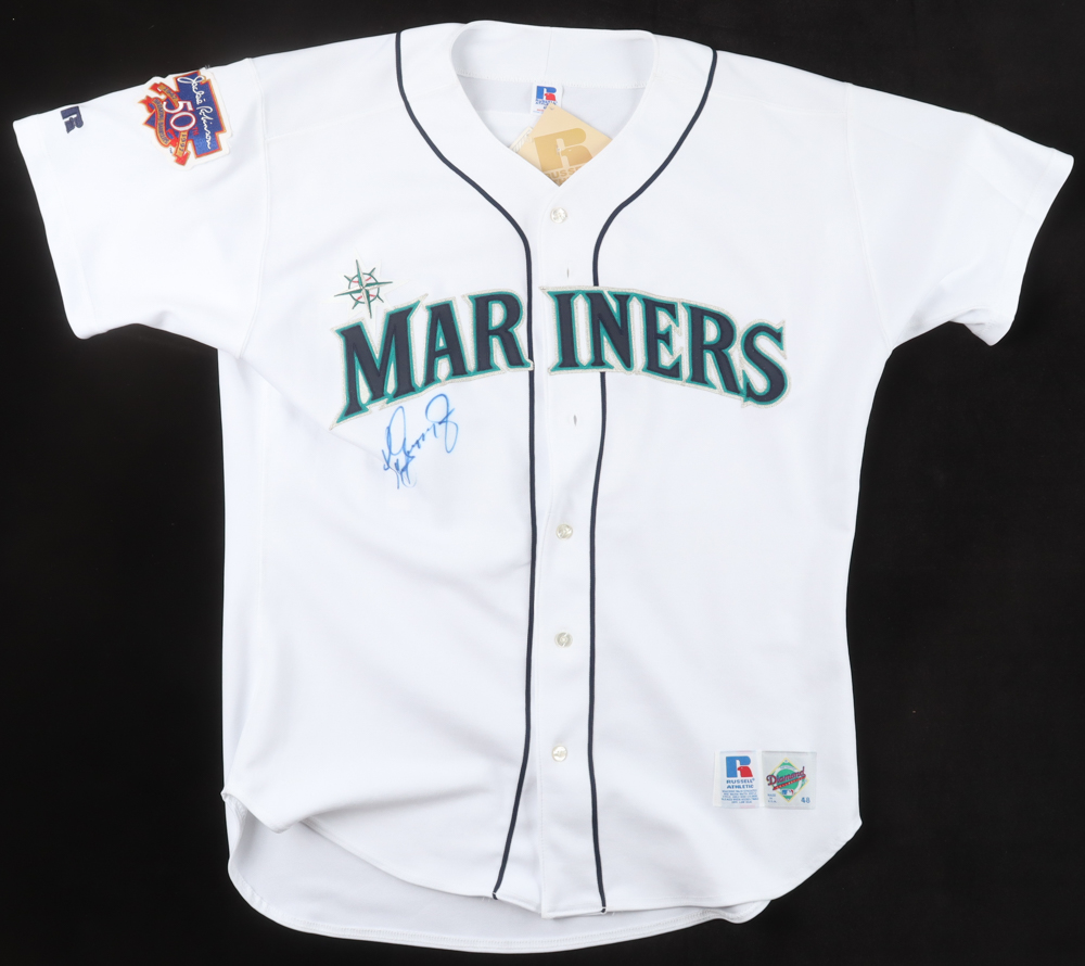 Ken Griffey Jr. Signed Mariners Jersey With Jackie Robinson Breaking Barriers 50th Anniversary Patch (PSA) at PristineAuction.com Ken Griffey Jr. Signed Mariners Jersey With Jackie Robinson Breaking Barriers 50th Anniversary Patch (PSA) at PristineAuction.com