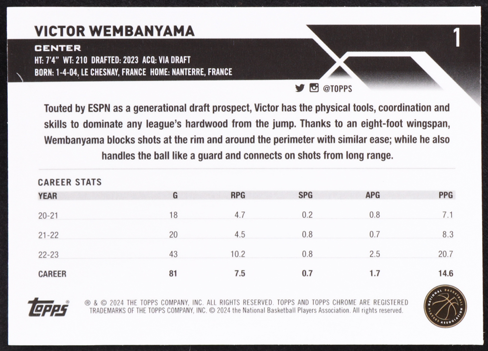 Victor Wembanyama 2023-24 Topps Chrome #1 RC at PristineAuction.com Victor Wembanyama 2023-24 Topps Chrome #1 RC at PristineAuction.com