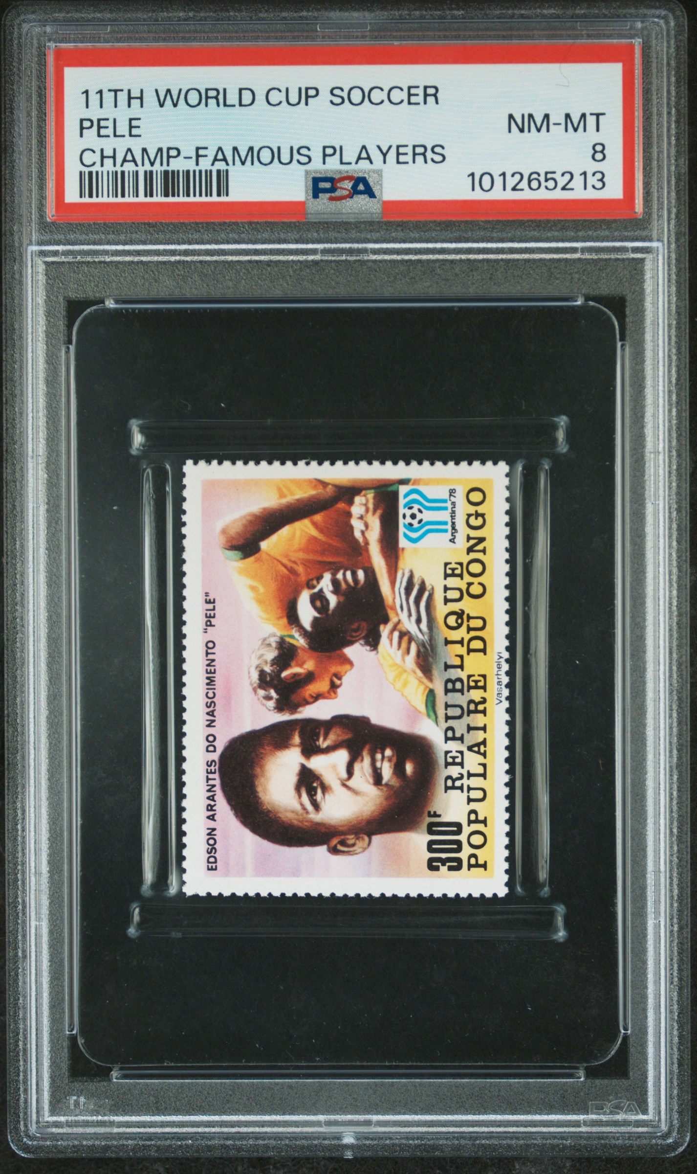 Pele - 1978 Republic of Congo Stamp - 11th World Cup Soccer - Champ / Famous Players (PSA 8) at PristineAuction.com Pele - 1978 Republic of Congo Stamp - 11th World Cup Soccer - Champ / Famous Players (PSA 8) at PristineAuction.com