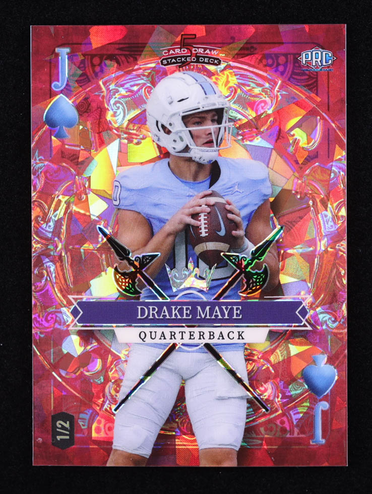 Drake Maye 2023 Wild Card 5 Card Draw Stacked Deck Jack of Spades Red Cracked Ice #SDDM RC #1/2 at PristineAuction.com Drake Maye 2023 Wild Card 5 Card Draw Stacked Deck Jack of Spades Red Cracked Ice #SDDM RC #1/2 at PristineAuction.com