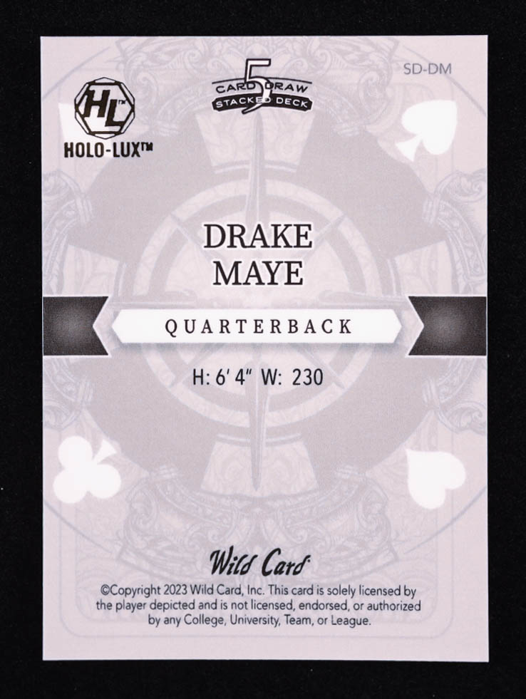 Drake Maye 2023 Wild Card 5 Card Draw Stacked Deck Jack of Spades Red Cracked Ice #SDDM RC #1/2 at PristineAuction.com Drake Maye 2023 Wild Card 5 Card Draw Stacked Deck Jack of Spades Red Cracked Ice #SDDM RC #1/2 at PristineAuction.com