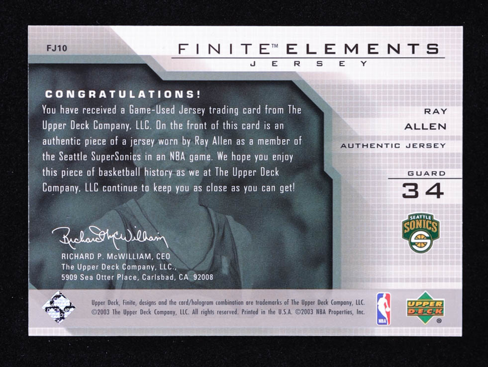 Ray Allen 2003-04 Upper Deck Finite Elements Jerseys #FJ10 at PristineAuction.com Ray Allen 2003-04 Upper Deck Finite Elements Jerseys #FJ10 at PristineAuction.com
