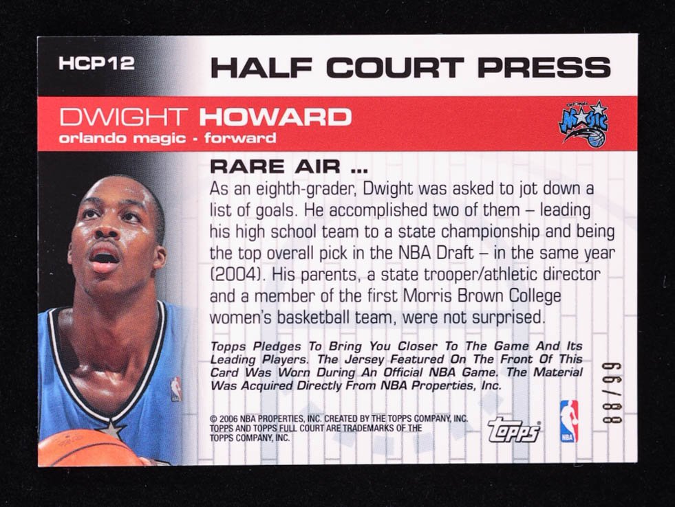 Dwight Howard 2006-07 Topps Full Court Half Court Press Relics Duals #HCP12 #88/99 at PristineAuction.com Dwight Howard 2006-07 Topps Full Court Half Court Press Relics Duals #HCP12 #88/99 at PristineAuction.com