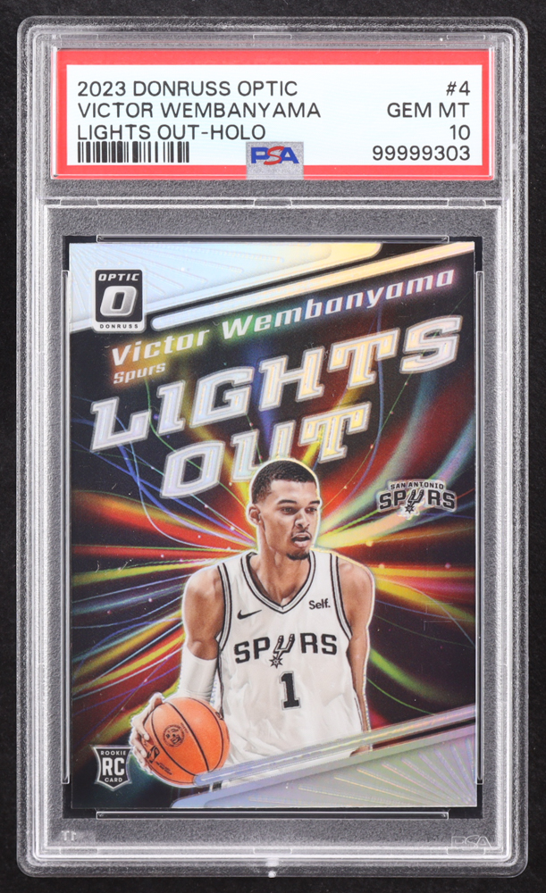 Victor Wembanyama 2023-24 Donruss Optic Lights Out Holo #4 RC (PSA 10) at PristineAuction.com Victor Wembanyama 2023-24 Donruss Optic Lights Out Holo #4 RC (PSA 10) at PristineAuction.com