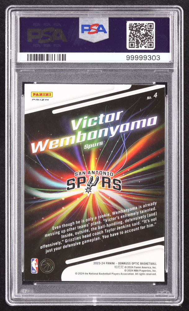 Victor Wembanyama 2023-24 Donruss Optic Lights Out Holo #4 RC (PSA 10) at PristineAuction.com Victor Wembanyama 2023-24 Donruss Optic Lights Out Holo #4 RC (PSA 10) at PristineAuction.com