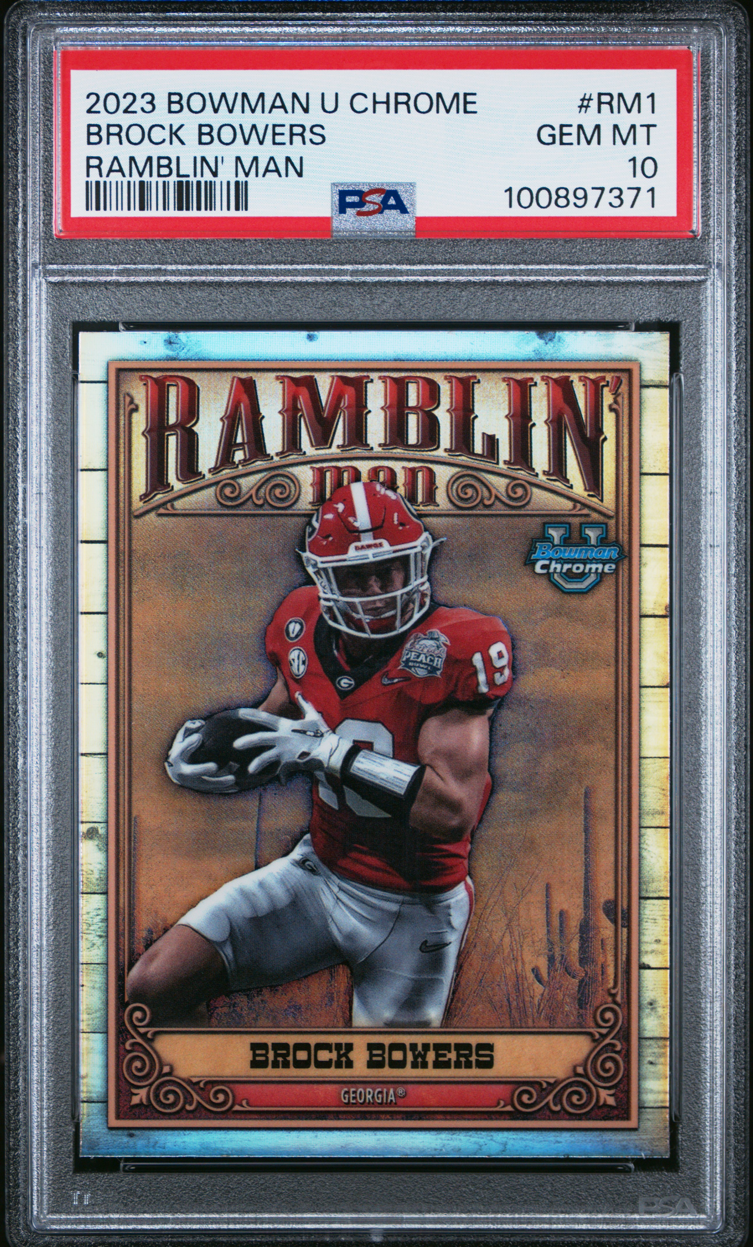 Brock Bowers 2023 Bowman University Chrome Ramblin' Man #RM1 RC (PSA 10) at PristineAuction.com Brock Bowers 2023 Bowman University Chrome Ramblin' Man #RM1 RC (PSA 10) at PristineAuction.com